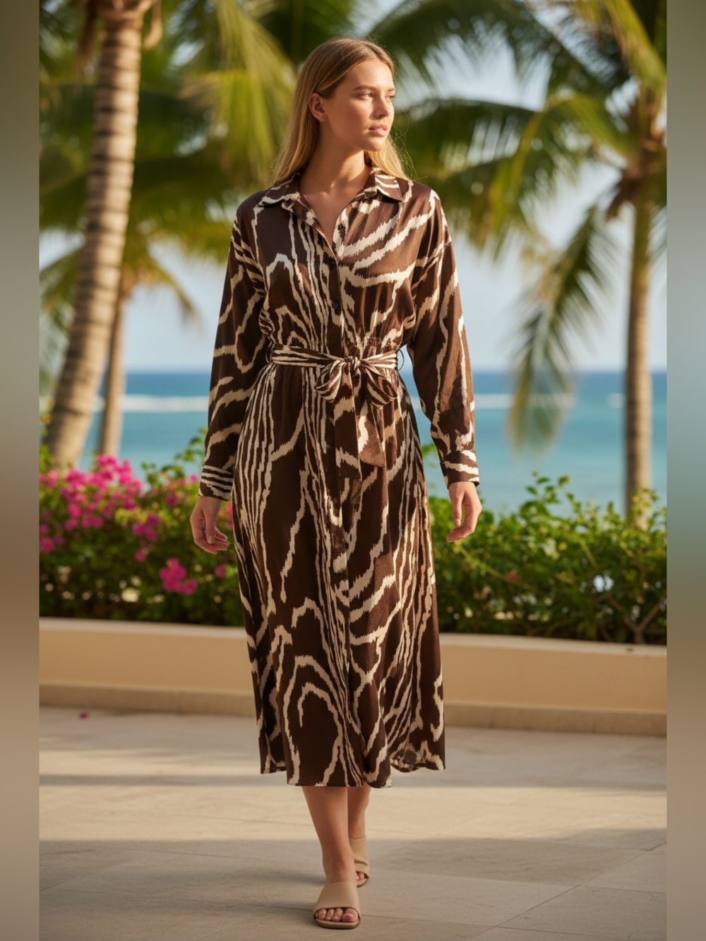 Zebra-Print Tie-Waist Maxi Dress in Cream and Brown